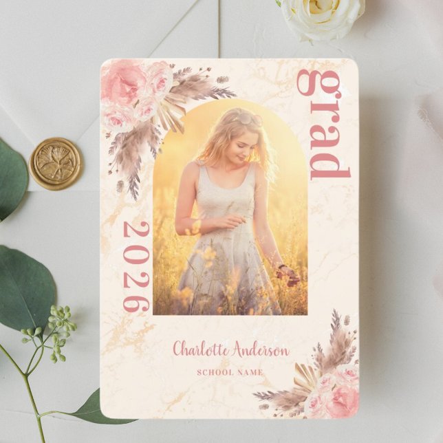 Pampas grass photo blush graduation thank you card (Creator Uploaded)