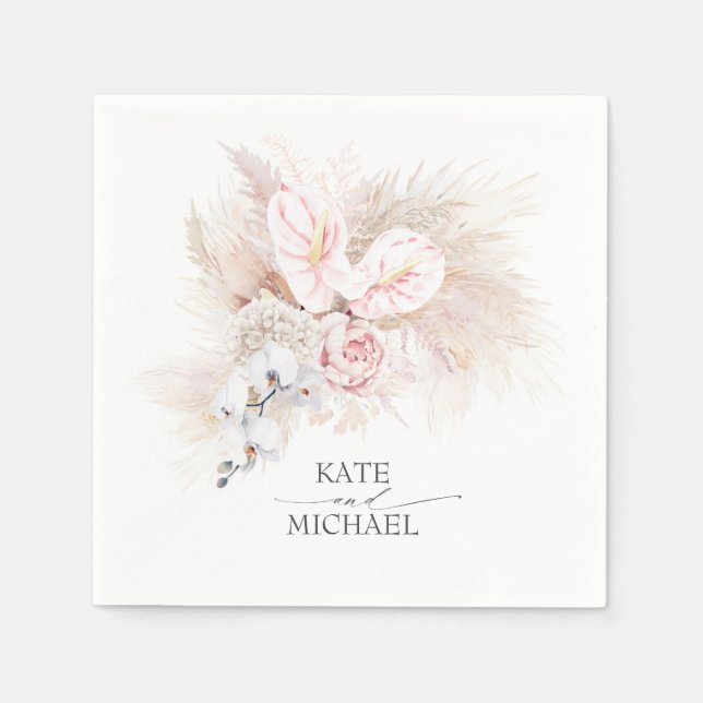 Pampas Grass Pink Anthuriums Elegant Tropical Napkin (Front)