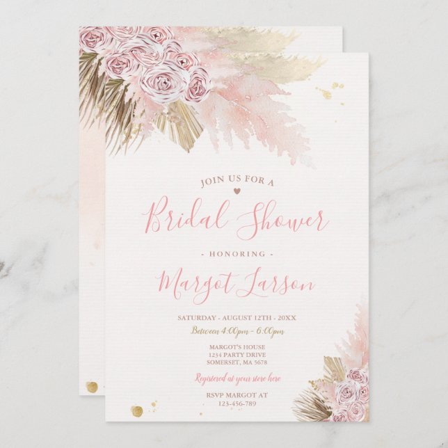 Pampas Grass Pink Bohemian Desert Bridal Shower Invitation (Front/Back)