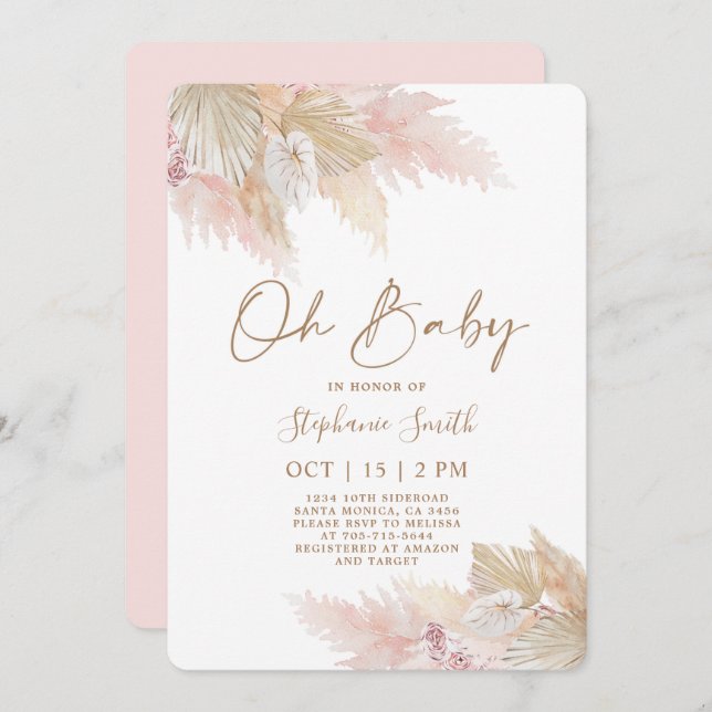 Pampas Grass Pink Boho Chic Baby Shower Girl Invitation (Front/Back)