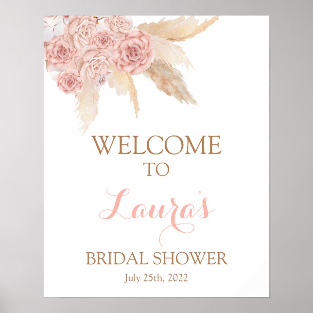 Pampas Grass Pink Boho Chic Bridal Welcome sign (Front)