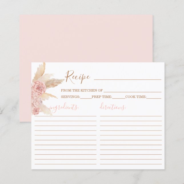 Pampas Grass Pink Boho Chic Recipe Card (Front/Back)