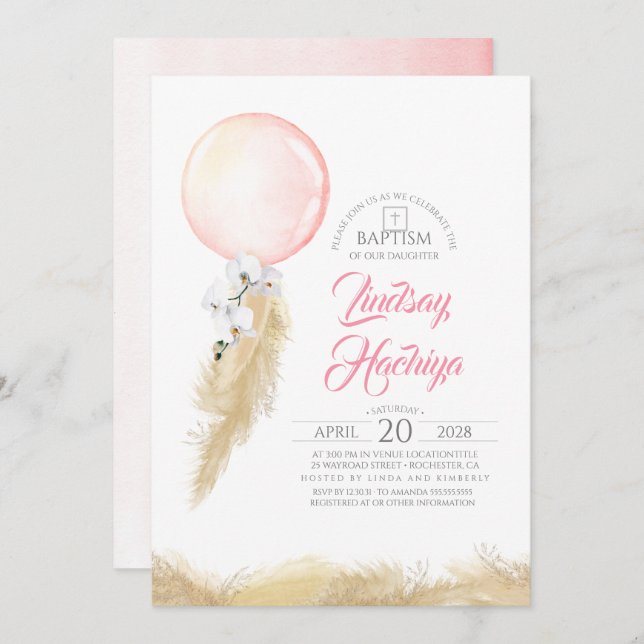 Pampas Grass Pink Floral Balloon Baptism Invitation (Front/Back)