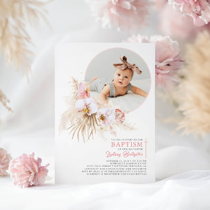 Pampas Grass Pink Floral Baptism Photo Invitation