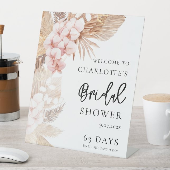 Pampas Grass Pink Floral Bridal Shower Welcome Pedestal Sign (In SItu)