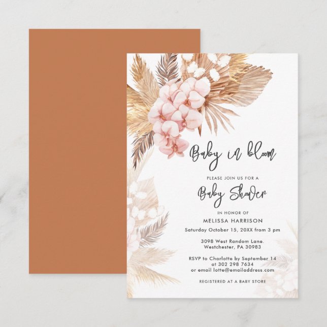 Pampas Grass Pink Floral Girl Baby Shower Invitation (Front/Back)