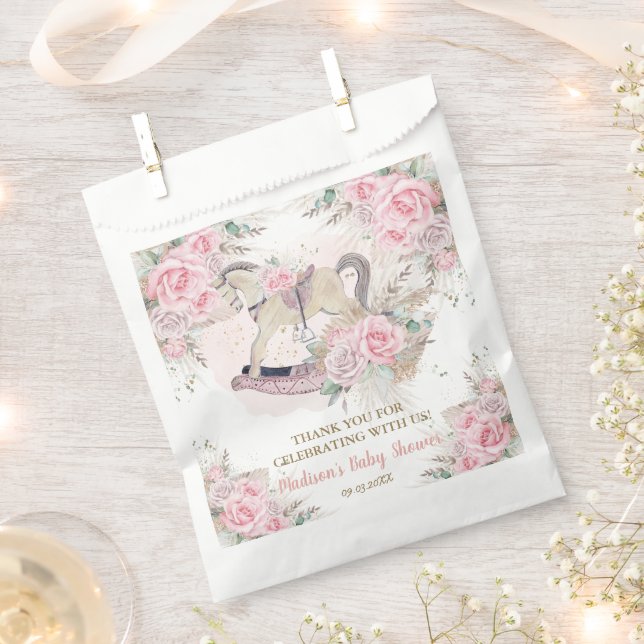 Pampas Grass Pink Floral Rocking Horse Baby Shower Favour Bags (Clipped)