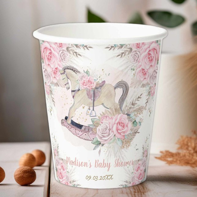Pampas Grass Pink Floral Rocking Horse Baby Shower Paper Cups (Creator Uploaded)