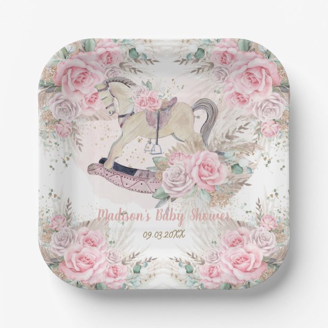 Pampas Grass Pink Floral Rocking Horse Baby Shower Paper Plate (Front)
