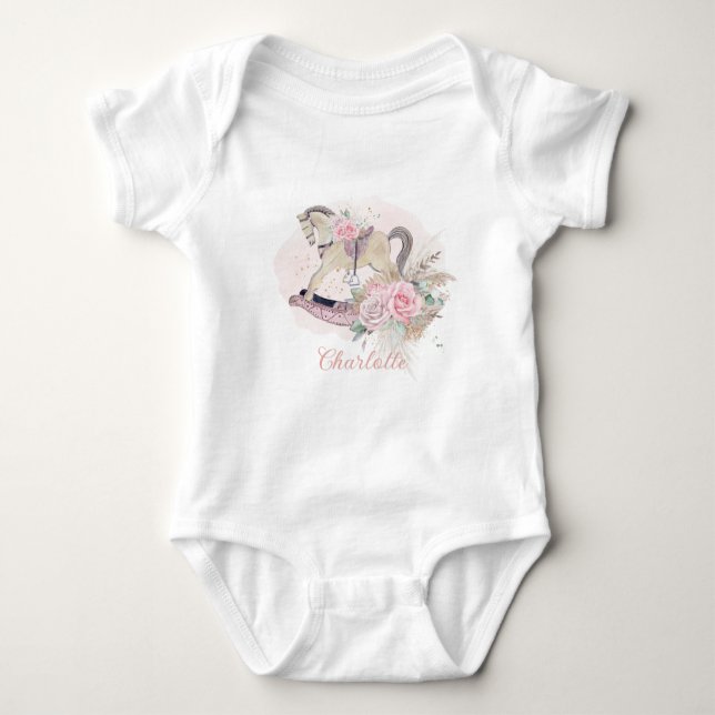 Pampas Grass Pink Floral Rocking Horse Birthday Baby Bodysuit (Front)
