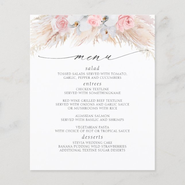 Pampas Grass Pink Florals Tropical Menu (Front)