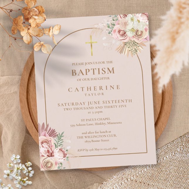 Pampas Grass Pink Gold Arch Baptism Christening  Invitation Postcard (Creator Uploaded)