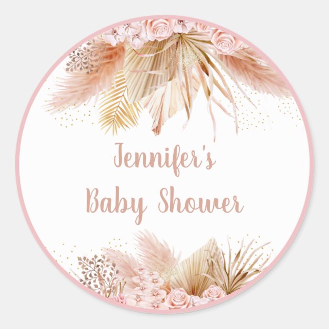 Pampas Grass Pink Gold Floral Baby Shower Classic Round Sticker (Front)