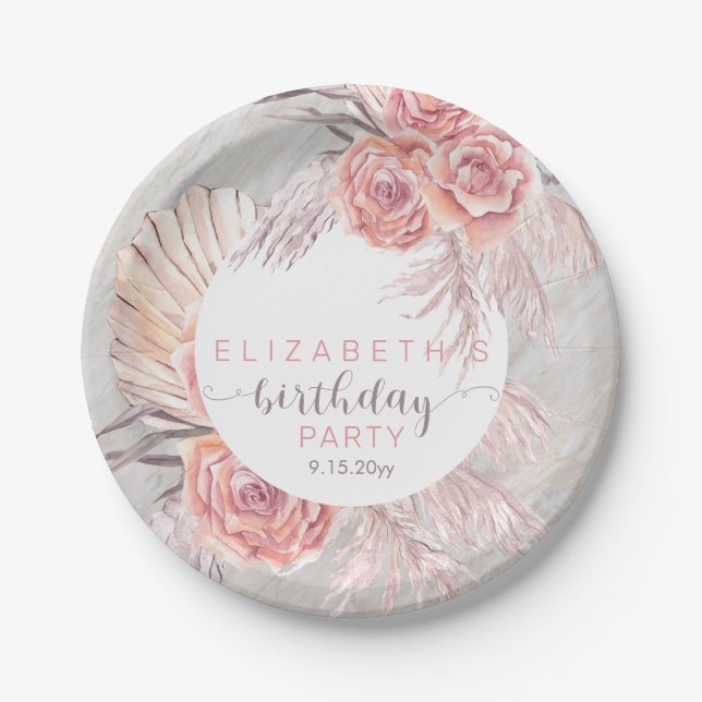 Pampas Grass |Pink Rose Blooms Birthday Party  Pap Paper Plate (Front)
