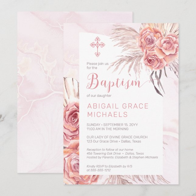 Pampas Grass |Pink Rose Blooms Girl Baby Baptism Invitation (Front/Back)
