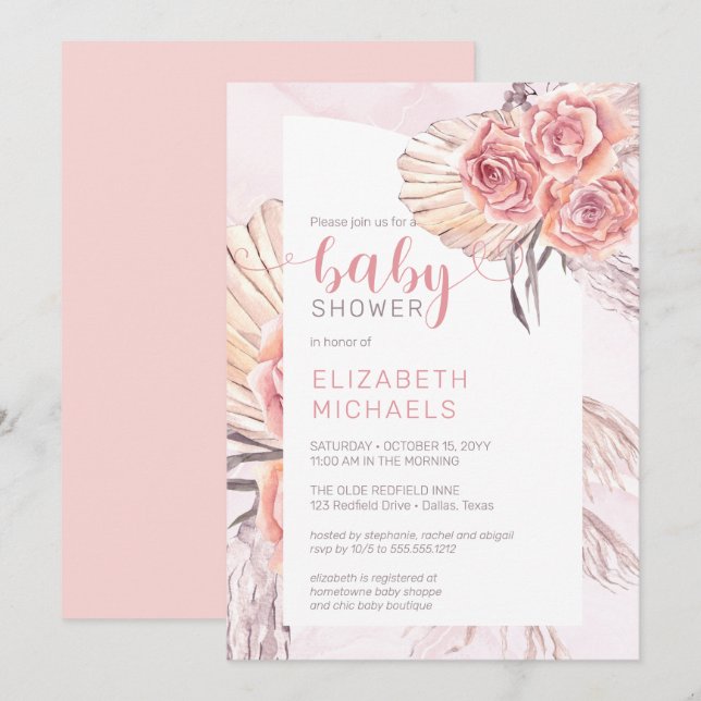 Pampas Grass |Pink Rose Blooms Girl Baby Shower Invitation (Front/Back)