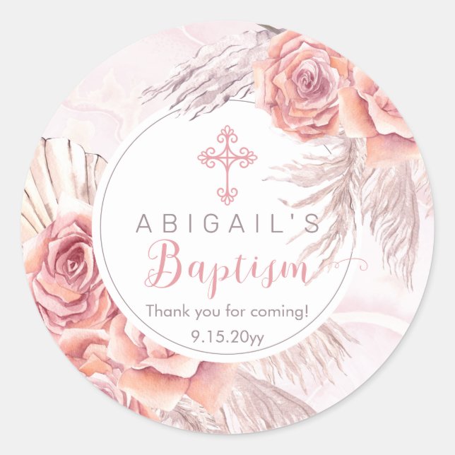 Pampas Grass |Pink Rose Blooms Girl Baptism Classic Round Sticker (Front)