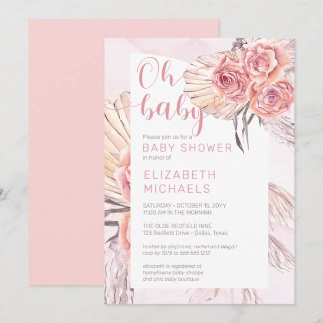 Pampas Grass |Pink Rose Blooms Girl Oh Baby Shower Invitation (Front/Back)