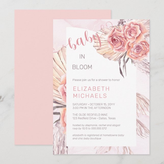 Pampas Grass |Pink Roses Baby in Bloom Girl Shower Invitation (Front/Back)