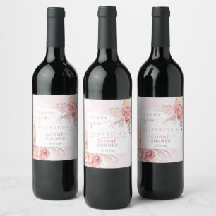 Pampas Grass Pink Roses Bridal Shower Thank You Wine Label