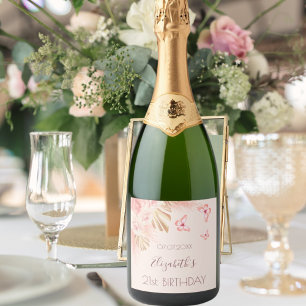 Pampas grass pink roses peach butterflies birthday sparkling wine label
