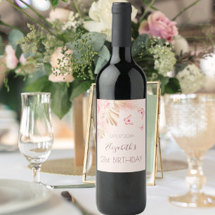 Pampas grass pink roses peach butterflies birthday wine label