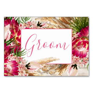 Pampas Grass Protea Floral Modern Groom Wedding Table Number