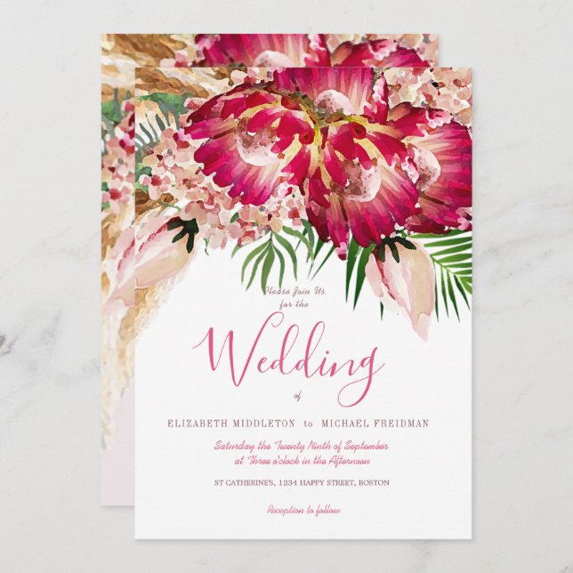 Pampas Grass Protea Floral  Modern Pink Wedding Invitation (Front/Back)
