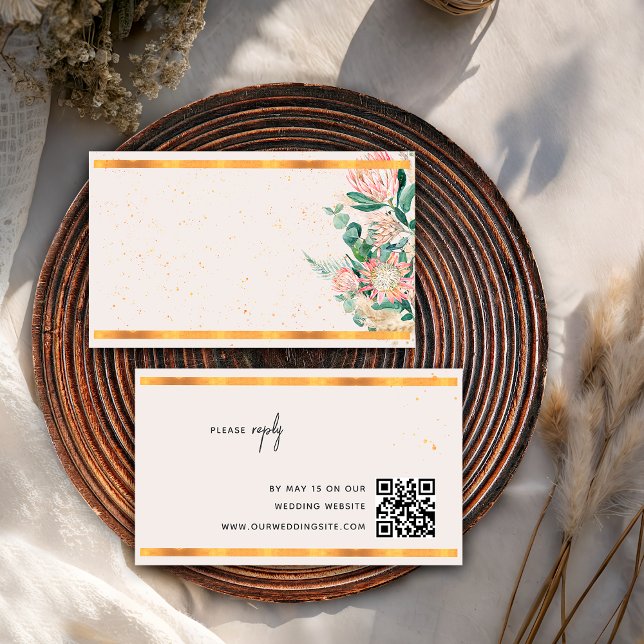 Pampas Grass Protea Gold QR Code Wedding RSVP Enclosure Card (Creator Uploaded)