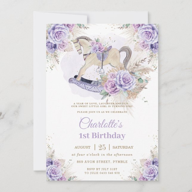 Pampas Grass Purple Floral Rocking Horse Birthday Invitation (Front)