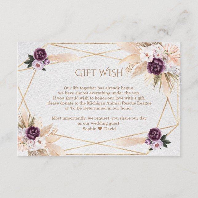 Pampas Grass Purple Flowers Wedding Gift Wish  Enclosure Card (Front)