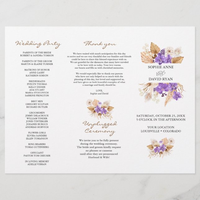 Pampas Grass Purple Orchid TriFold Wedding Program Flyer (Front)