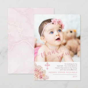 Pampas Grass Rose Blooms Baptism Photo Thank You Card