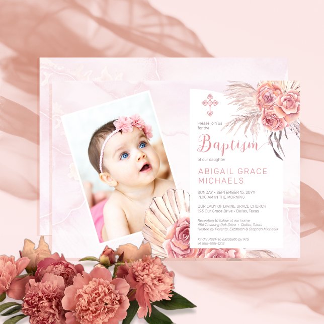 Pampas Grass | Rose Blooms Girl Baby Photo Baptism Invitation (Pampas Grass Rose Blooms Girl Baby Photo Baptism Invitation)