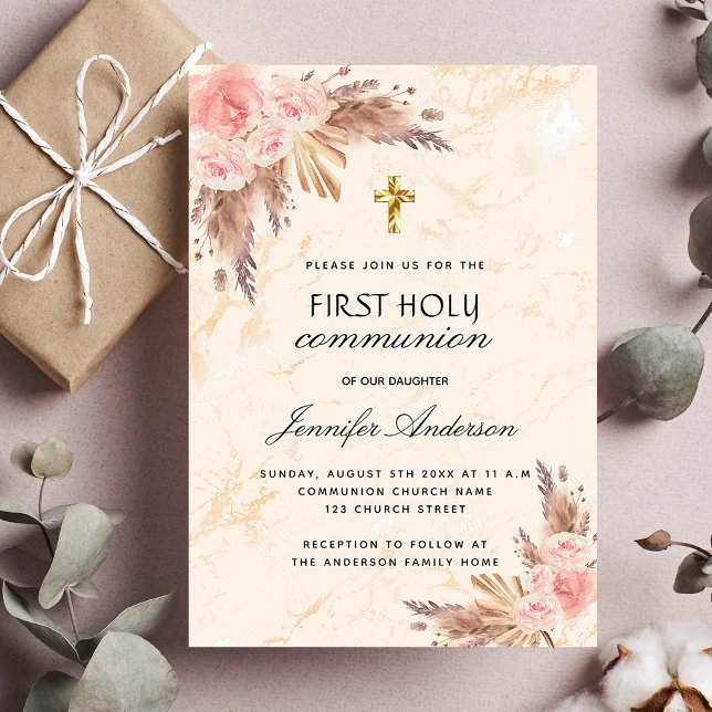Pampas grass rose blush first holy communion invitation postcard (Creator Uploaded)