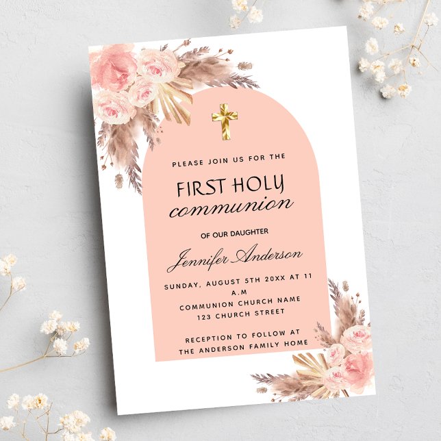 Pampas grass rose blush first holy communion invitation postcard (Creator Uploaded)