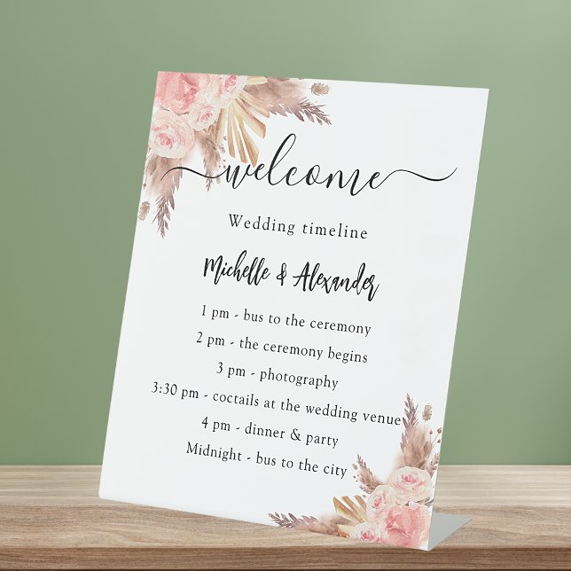Pampas grass rose floral wedding program timeline pedestal sign (Creator Uploaded)