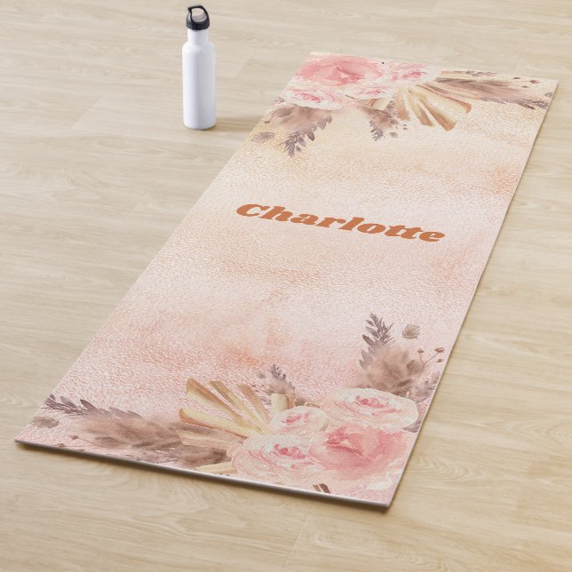 Pampas grass rose gold blush florals boho name yoga mat (In Situ)