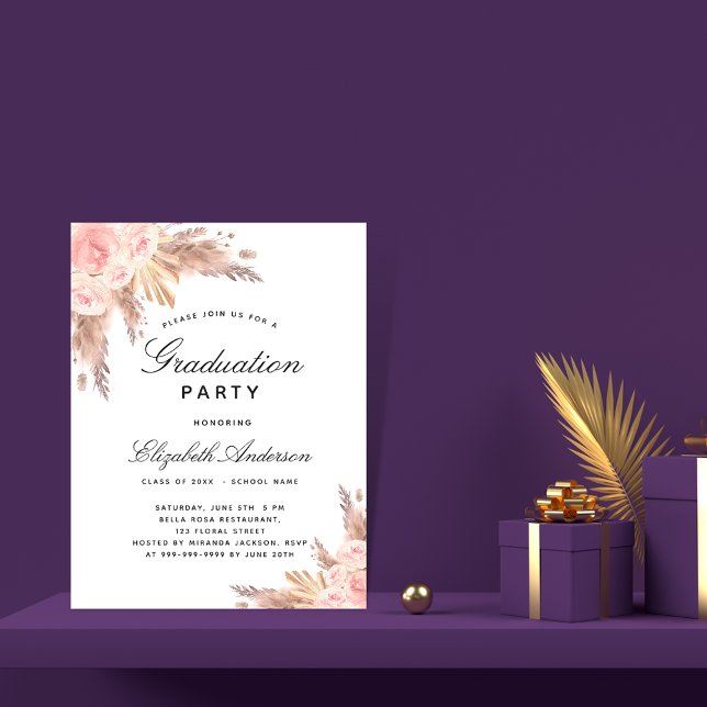Pampas grass rose gold blush Graduation party Invitation Postcard (Creator Uploaded)
