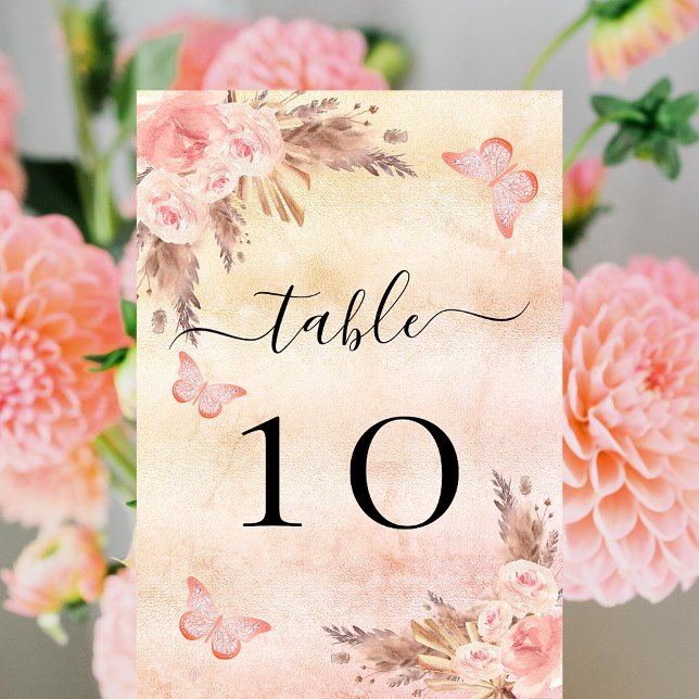 Pampas grass rose gold blush pink floral butterfly table number (Creator Uploaded)