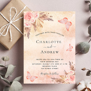 Pampas grass rose gold butterfly boho wedding invitation