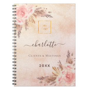 Pampas grass rose gold floral business logo notebook