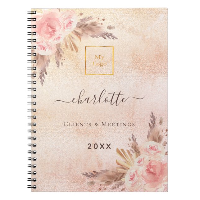 Pampas grass rose gold floral business logo notebook (Front)