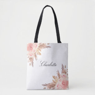 Pampas grass rose gold floral white name tote bag