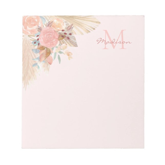 Pampas Grass Rose Gold Florals Name Monogram Notepad (Front)