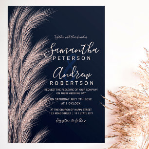 Pampas grass rose gold glitter navy blue wedding invitation