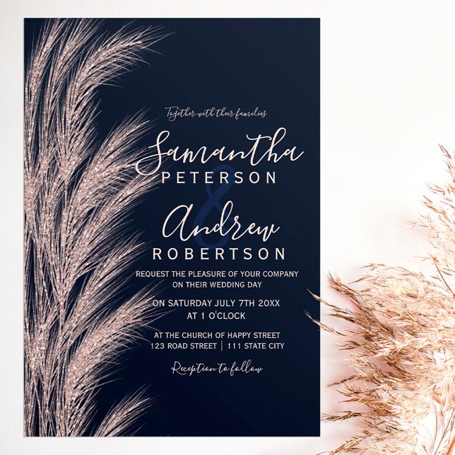 Pampas grass rose gold glitter navy blue wedding invitation (Creator Uploaded)