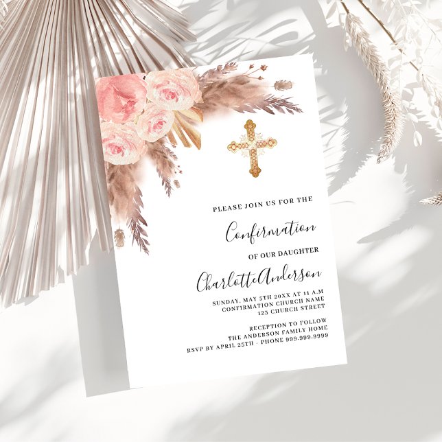 Pampas grass rose gold pink luxury confirmation invitation (Creator Uploaded)