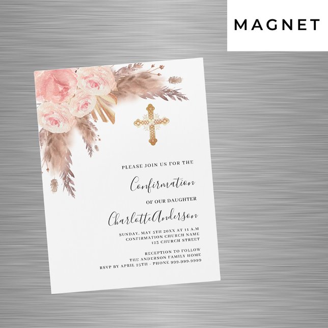 Pampas grass rose gold pink luxury confirmation magnetic invitation (Creator Uploaded)