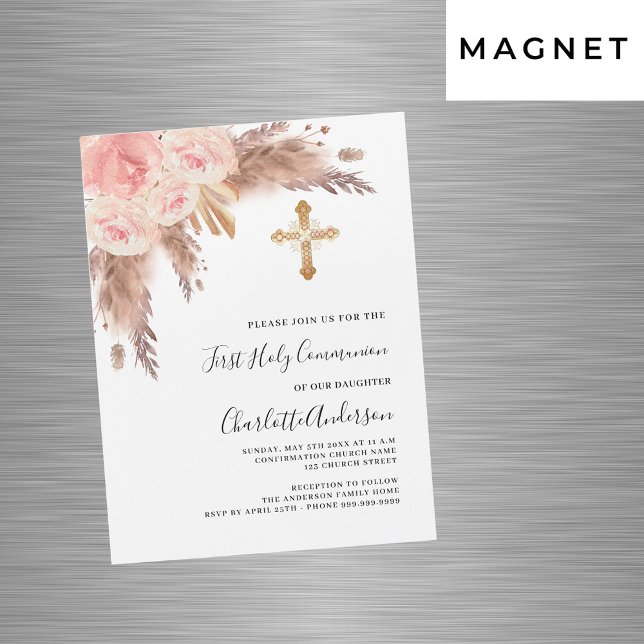Pampas grass rose pink luxury first communion magnetic invitation (Creator Uploaded)